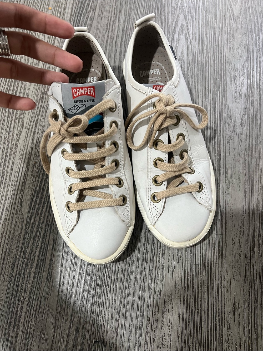 Camper White Leather Low-Top Sneakers with Tan Laces